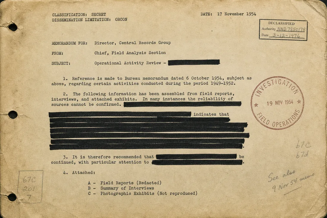Aged institutional memorandum with sections blacked out, illustrating information that is deliberately absent