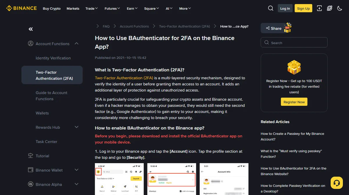 Screenshot of the Binance support centre article explaining how to use its authenticator app for two-factor authentication, with a sidebar of related passkey articles