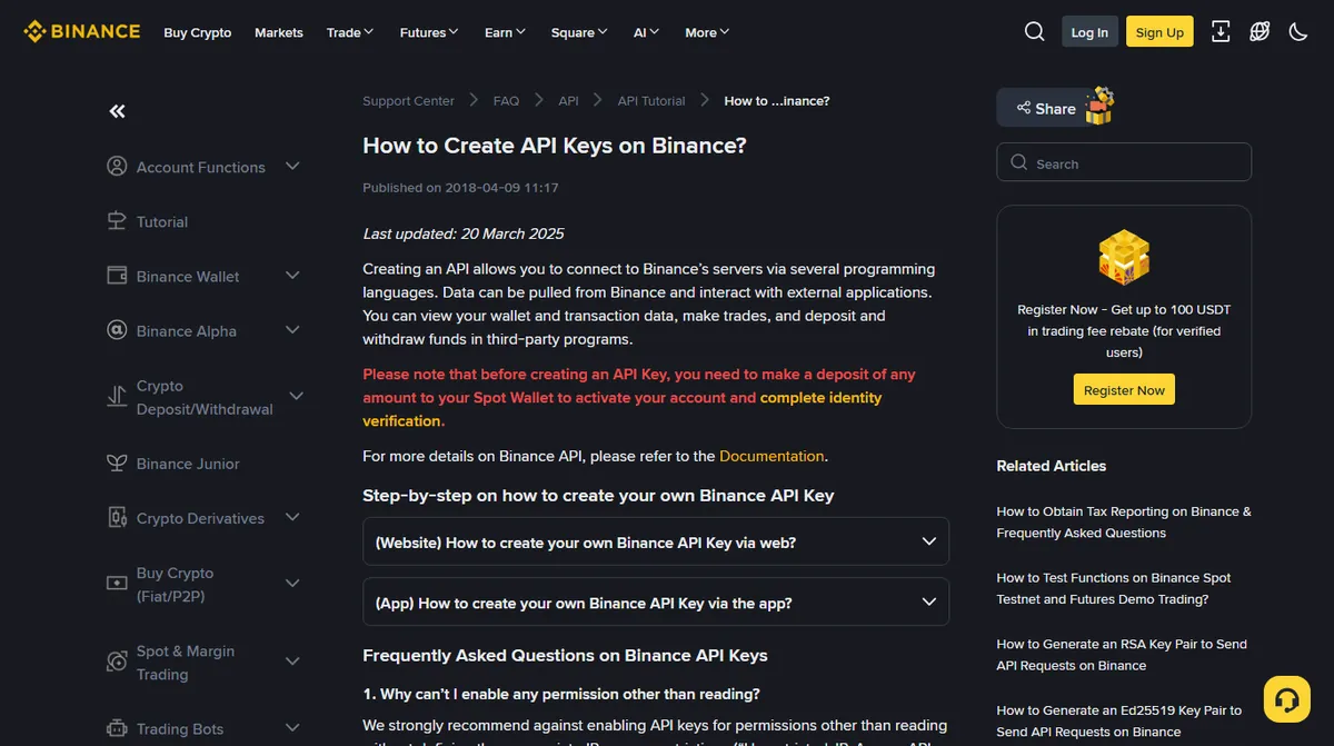 Screenshot of the Binance help page on creating API keys, showing the key creation and restriction steps