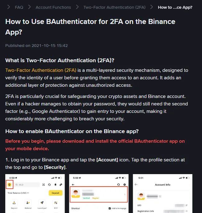 Screenshot of the Binance help page for enabling an authenticator app, showing the Account icon, profile section and Security path in the mobile app