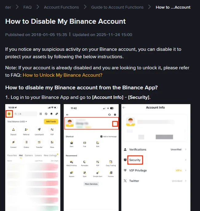 Screenshot of the Binance help page on disabling an account, showing the Account Info and Security path in the mobile app and a linked article on unlocking the account afterwards