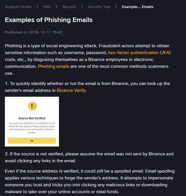 Screenshot of the Binance help page showing examples of phishing emails, including a dialog reading Source Not Verified