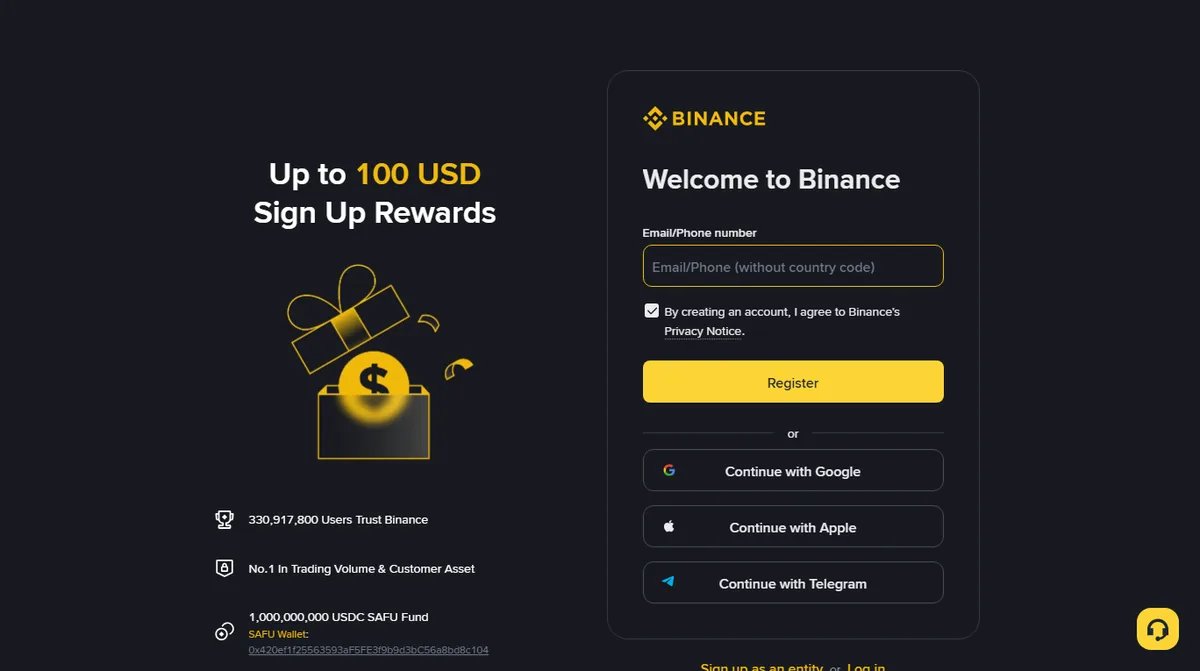 Screenshot of the Binance registration page showing a single email or phone field, a privacy notice checkbox, a Register button, and options to continue with Google, Apple or Telegram