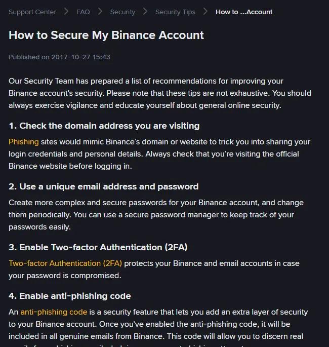Screenshot of the Binance help page listing account security recommendations, numbered from checking the domain address through to enabling an anti-phishing code