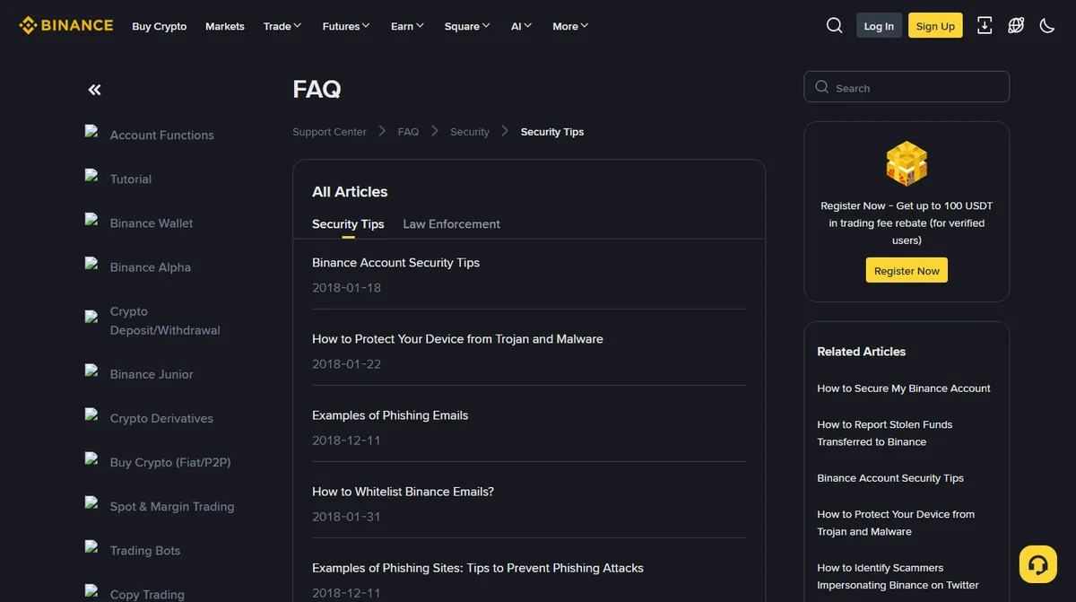 Screenshot of the Binance support centre security section, listing articles on reporting stolen funds, identifying impersonators and securing an account