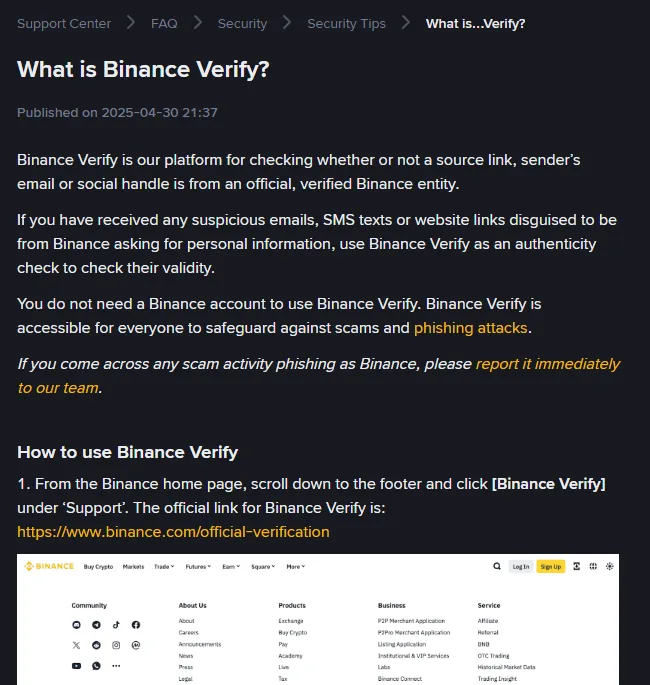 Screenshot of the Binance help page describing Binance Verify, a tool for checking whether an email address, link or social account belongs to the company