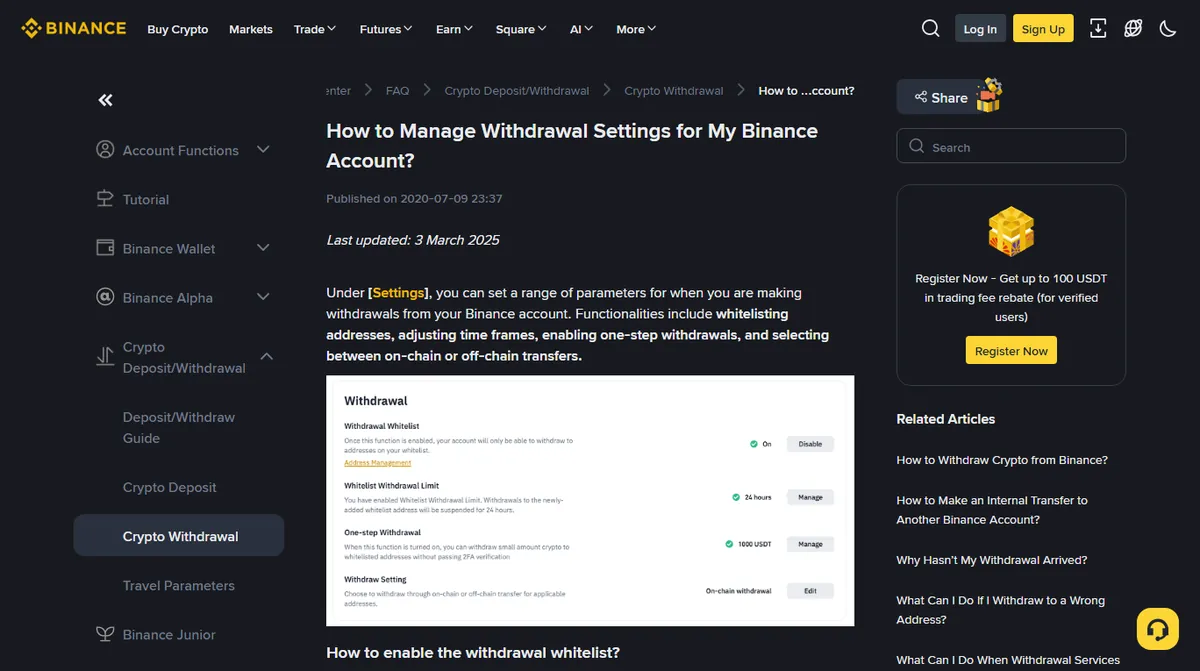 Screenshot of the Binance support page on withdrawal settings, showing the Withdrawal Whitelist switch, the separate Whitelist Withdrawal Limit set to 24 hours, and One-step Withdrawal