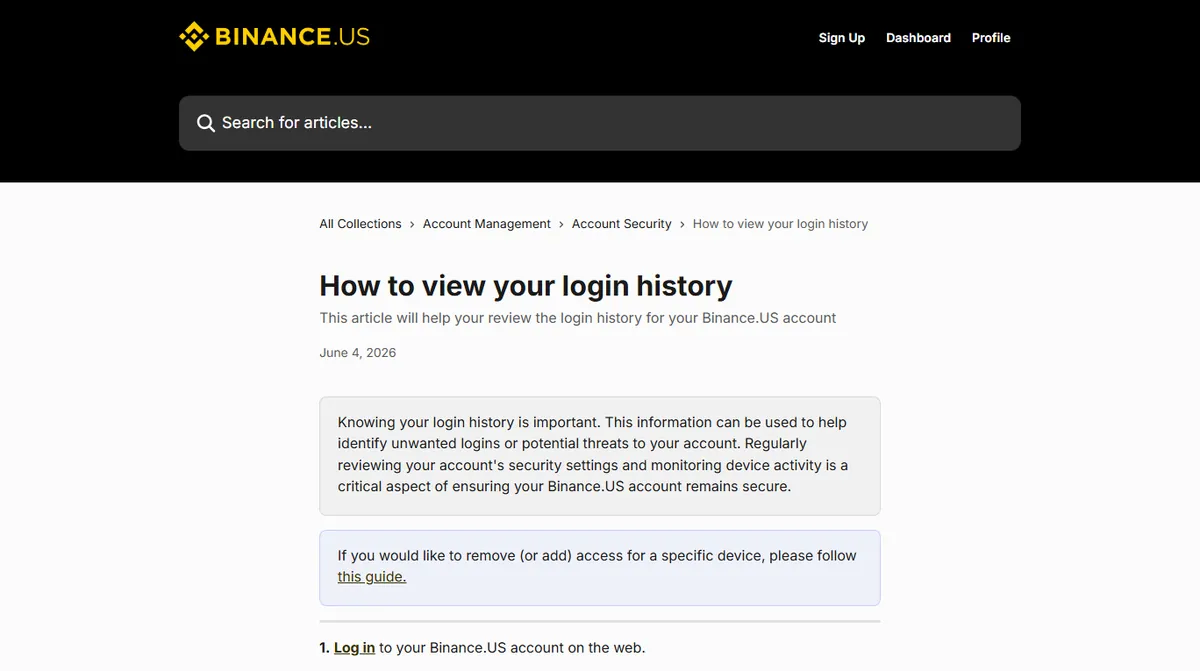 Screenshot of an exchange help-centre page explaining how to view your login history, listing the steps through the security settings menu