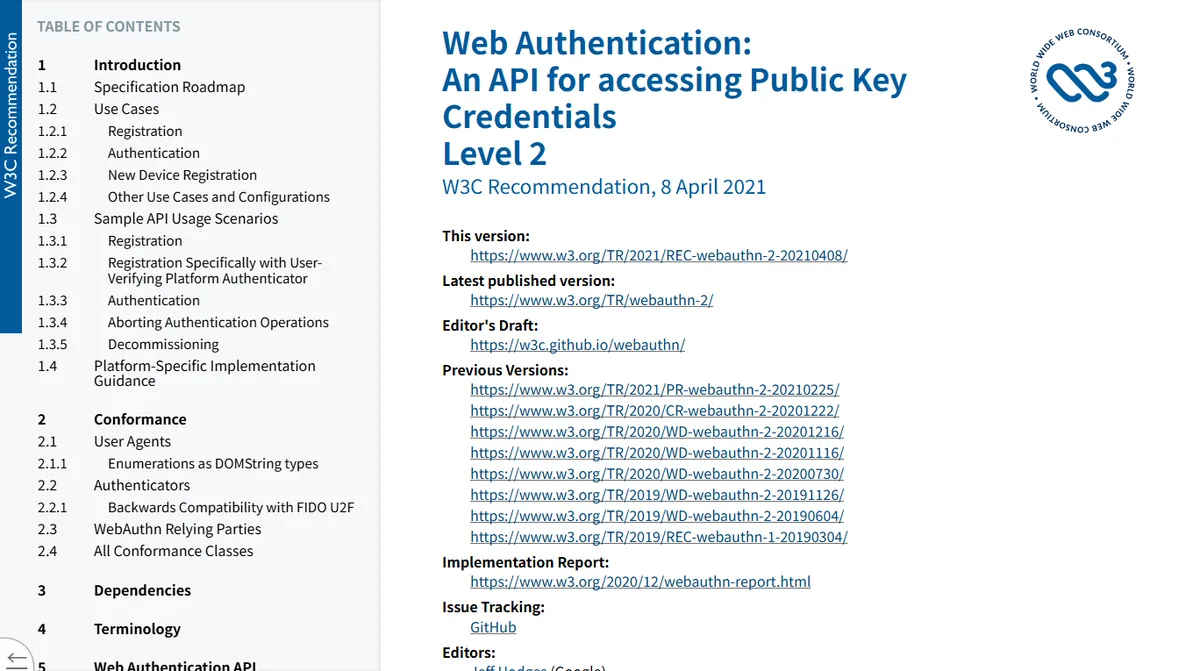 Screenshot of the W3C Web Authentication Level 2 recommendation, the standard that passkeys and hardware security keys are built on